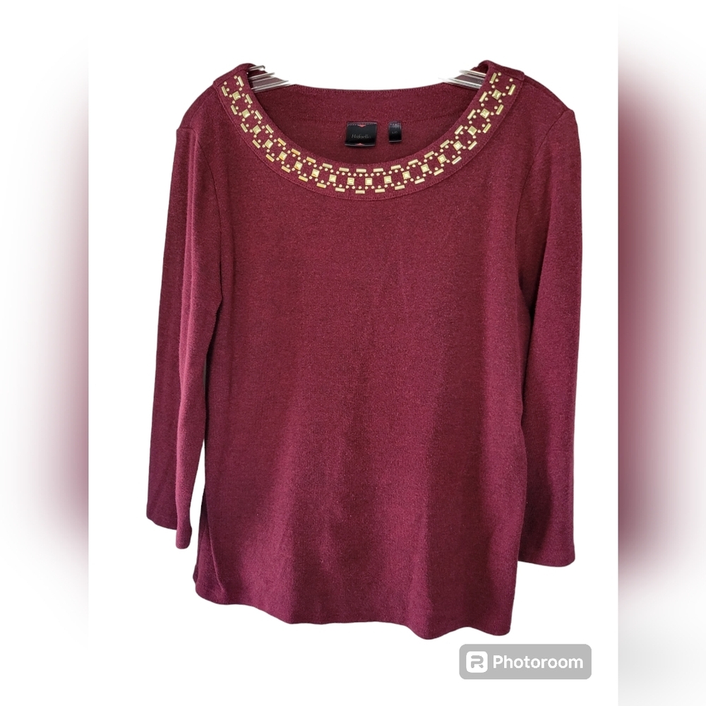 Rafaella womens burgundy knit top with gold accents along neck line large